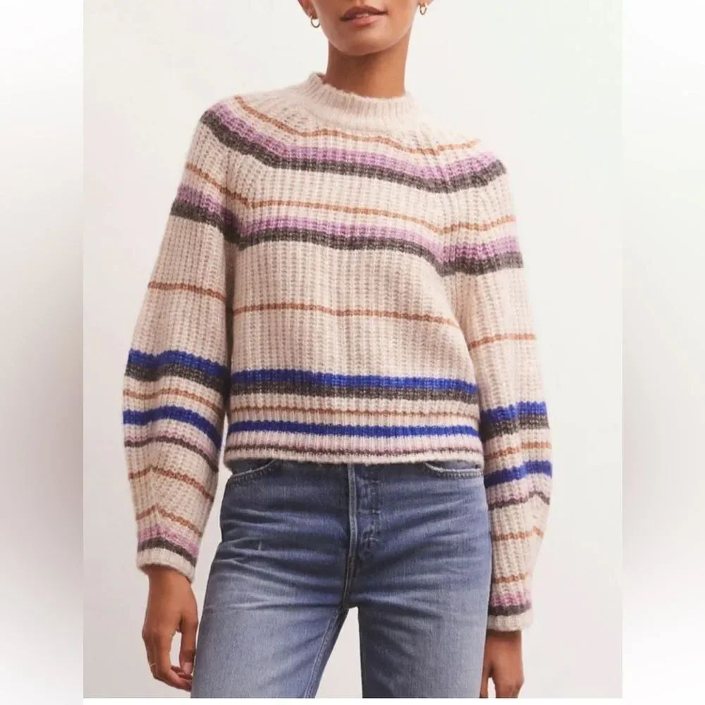 Striped Crewneck Sweater in Cream with Multicolor Stripes